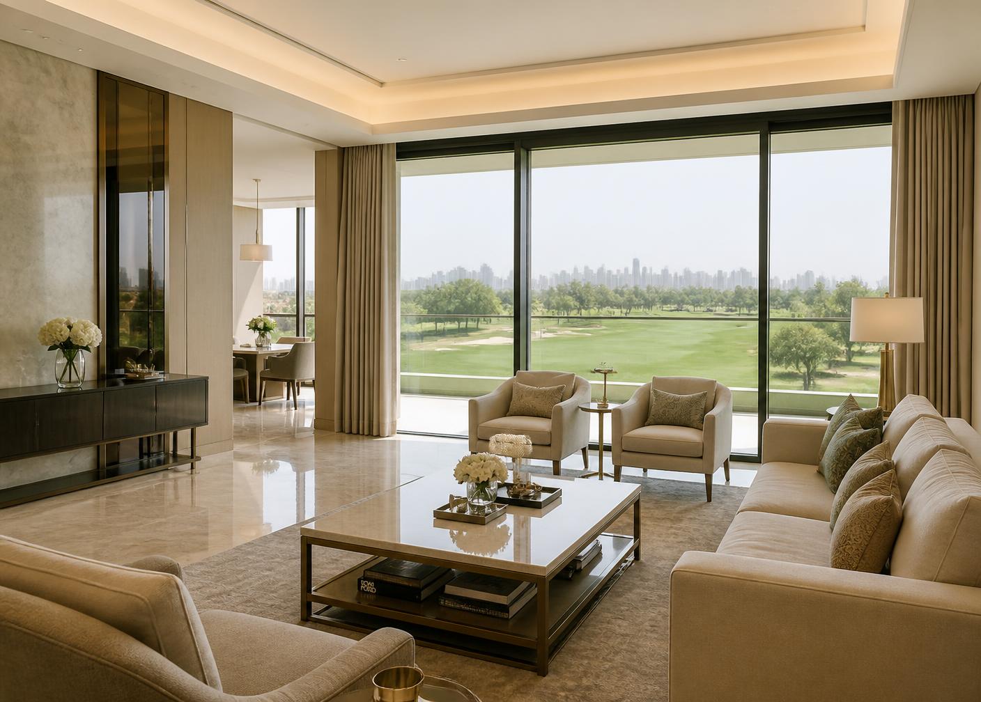 Living room of a 4 BHK apartment at DLF The Crest with golf course views